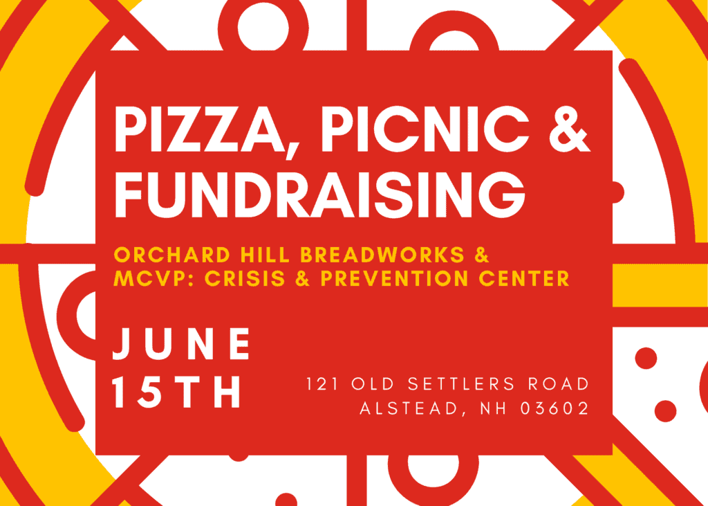 pizza picnic and fundraising. orchard hill breadworks and MCVP crisis and prevention center june 15 sign