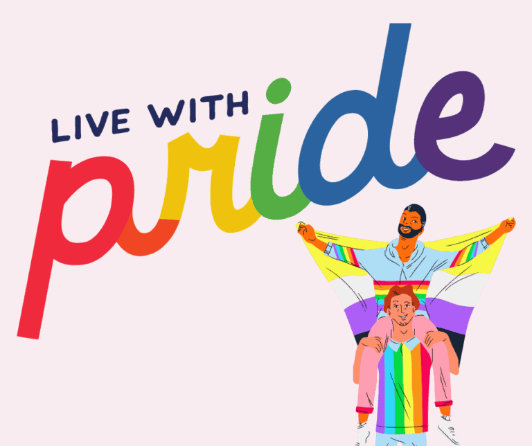 live with pride in rainbow text